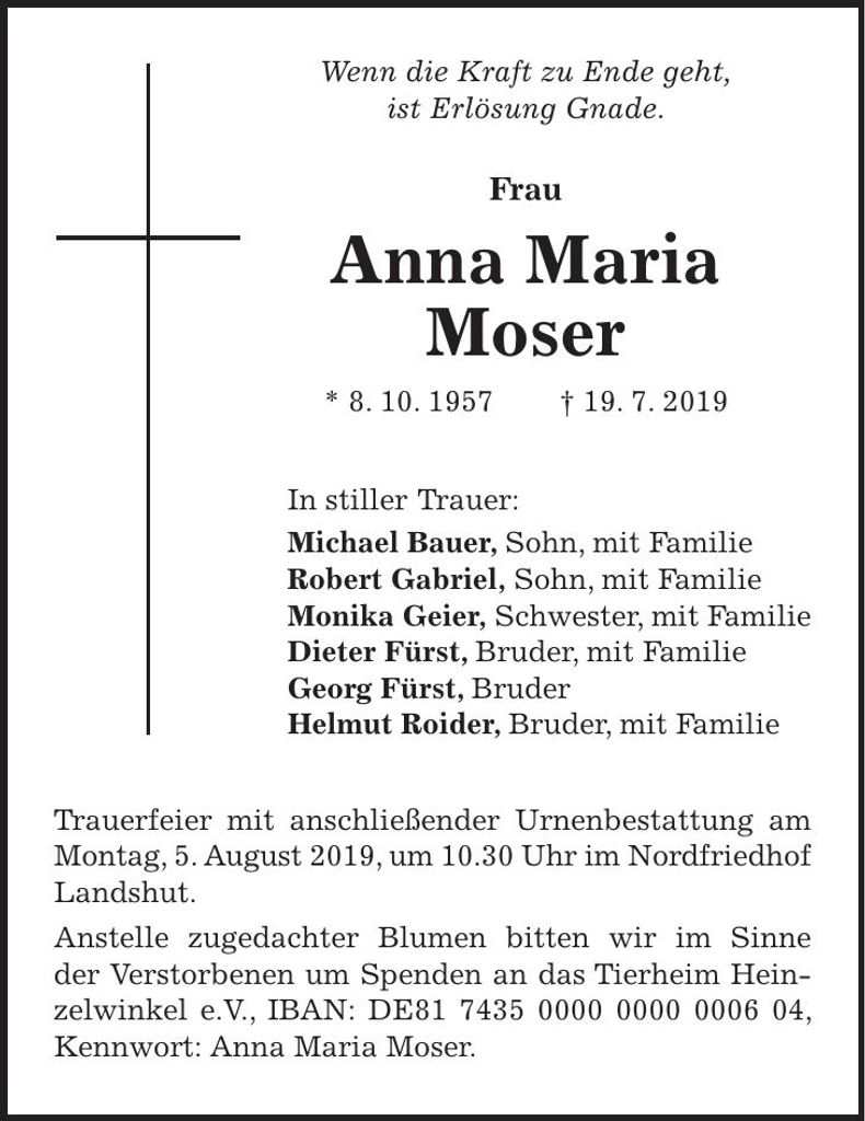 Traueranzeige Anna Maria Moser