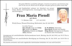 Traueranzeige Maria Piendl