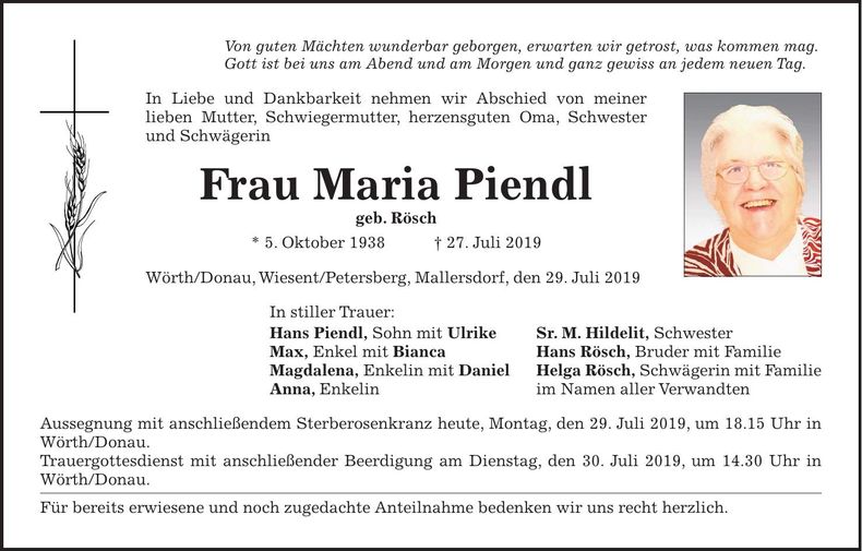 Traueranzeige Maria Piendl
