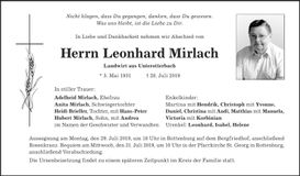 Traueranzeige Leonhard Mirlach