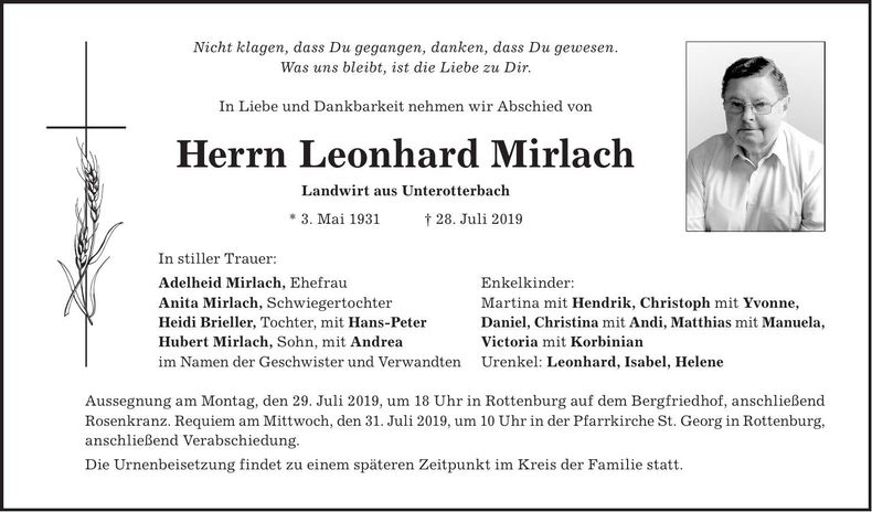 Traueranzeige Leonhard Mirlach