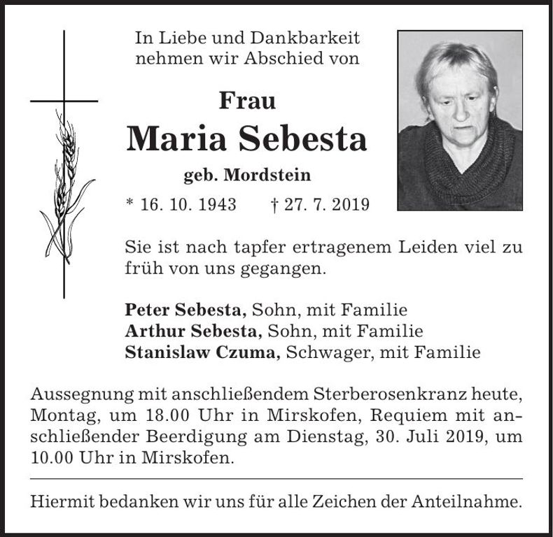 Traueranzeige Maria Sebesta