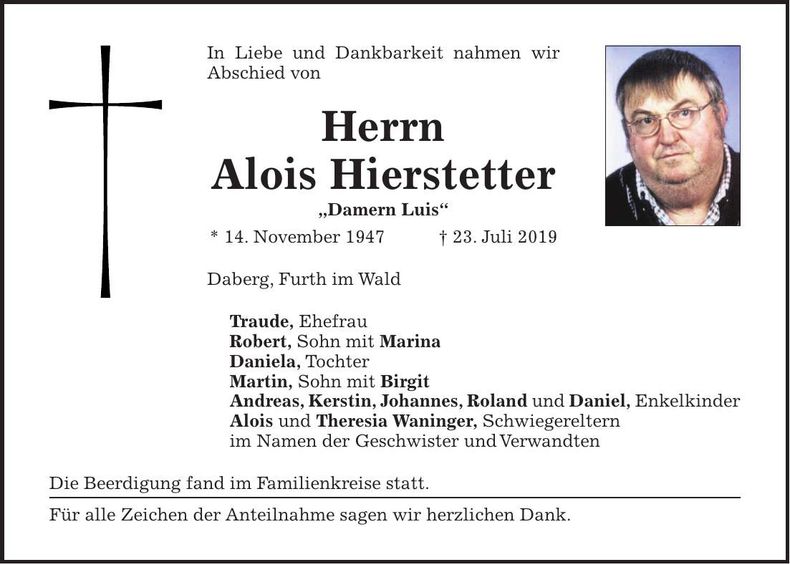 Traueranzeige Alois Hierstetter