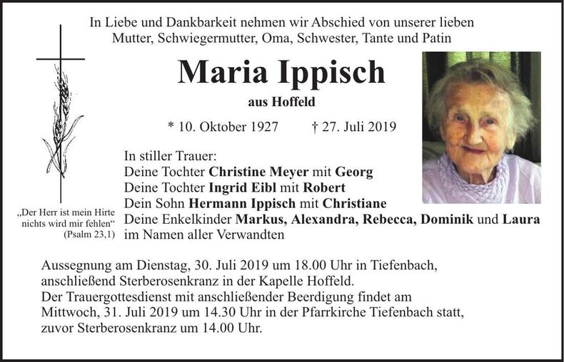 Traueranzeige Maria Ippisch