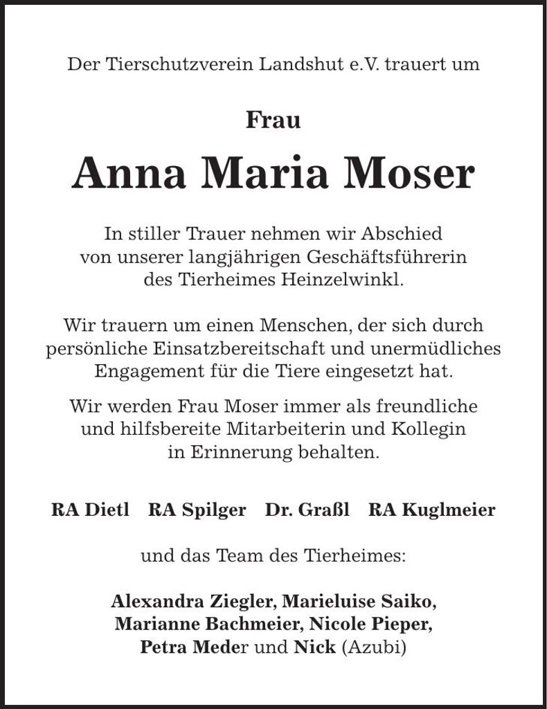 Traueranzeige Anna Maria Moser