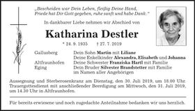 Traueranzeige Katharina Destler