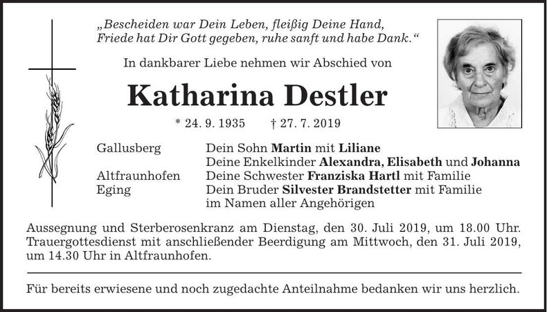 Traueranzeige Katharina Destler