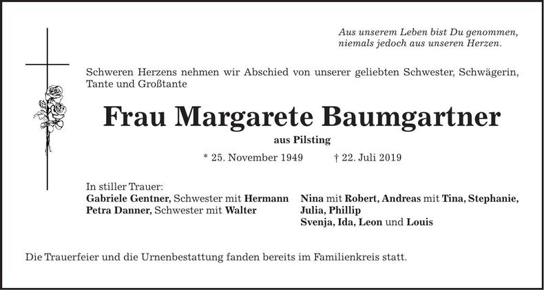Traueranzeige Margarete Baumgartner