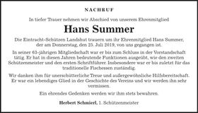 Traueranzeige Hans Summer