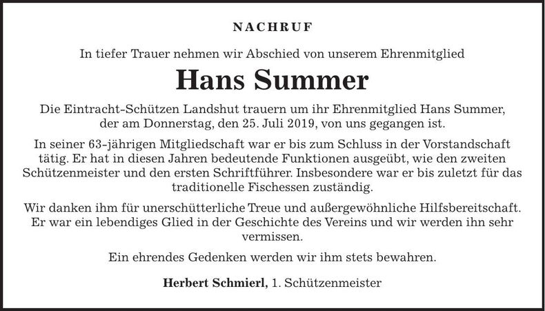 Traueranzeige Hans Summer