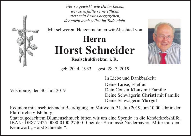 Traueranzeige Horst Schneider