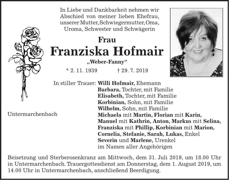 Traueranzeige Franziska Hofmair
