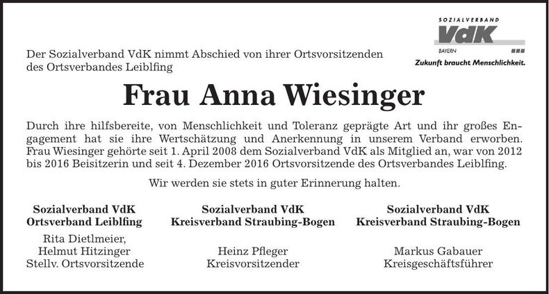 Traueranzeige Anna Wiesinger
