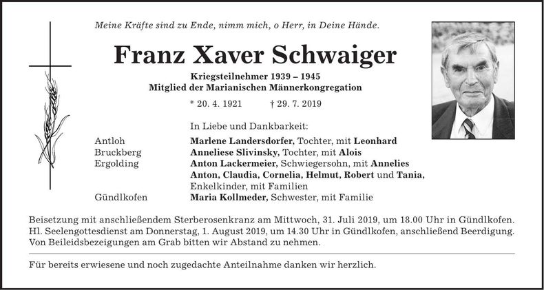 Traueranzeige Franz Xaver Schwaiger