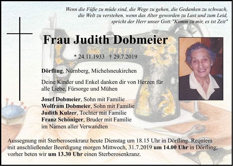 Traueranzeige Judith Dobmeier
