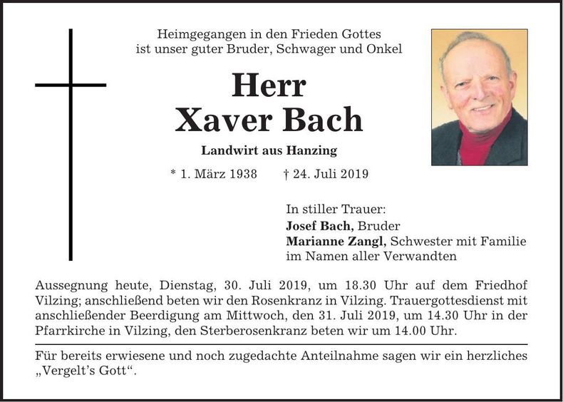 Traueranzeige Xaver Bach