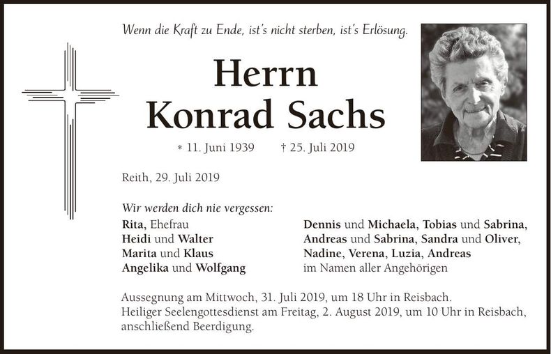 Traueranzeige Konrad Sachs