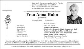 Traueranzeige Anna Huhn