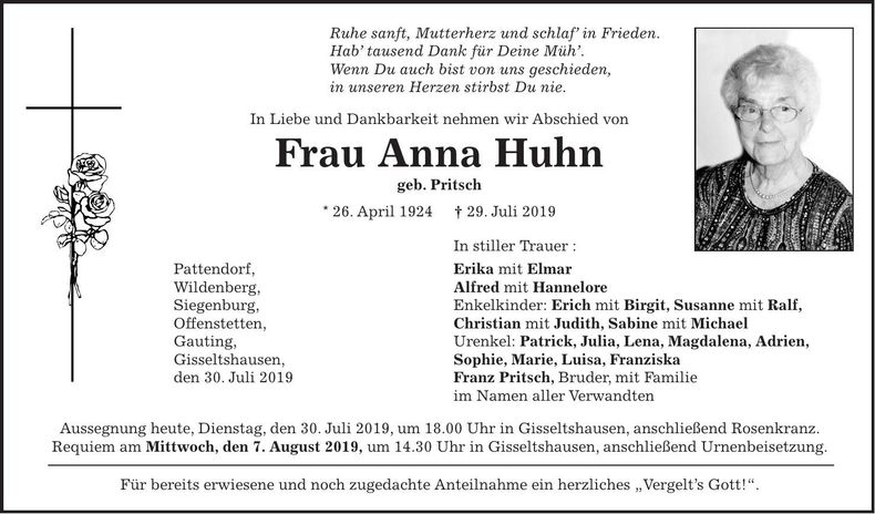 Traueranzeige Anna Huhn