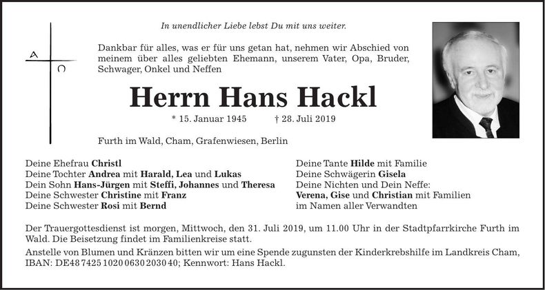 Traueranzeige Hans Hackl
