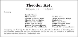 Traueranzeige Theodor Kett