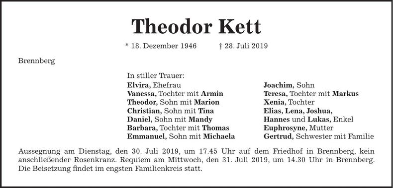 Traueranzeige Theodor Kett