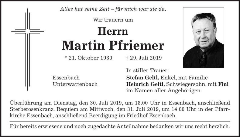 Traueranzeige Martin Pfriemer