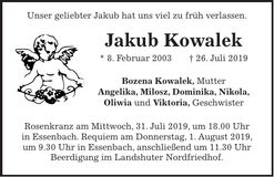 Traueranzeige Jakub Kowalek