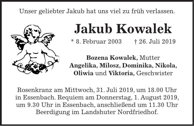Traueranzeige Jakub Kowalek