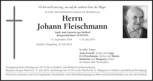 Traueranzeige Johann Fleischmann