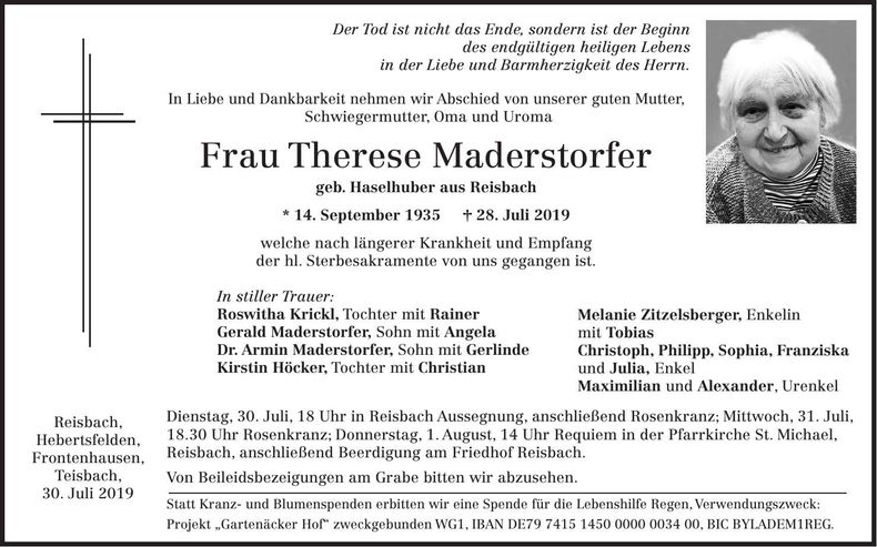Traueranzeige Therese Maderstorfer