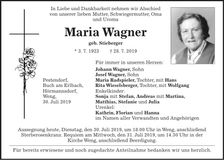 Traueranzeige Maria Wagner