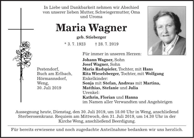 Traueranzeige Maria Wagner