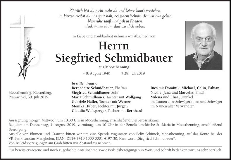 Traueranzeige Siegfried Schmidbauer