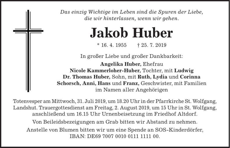 Traueranzeige Jakob Huber