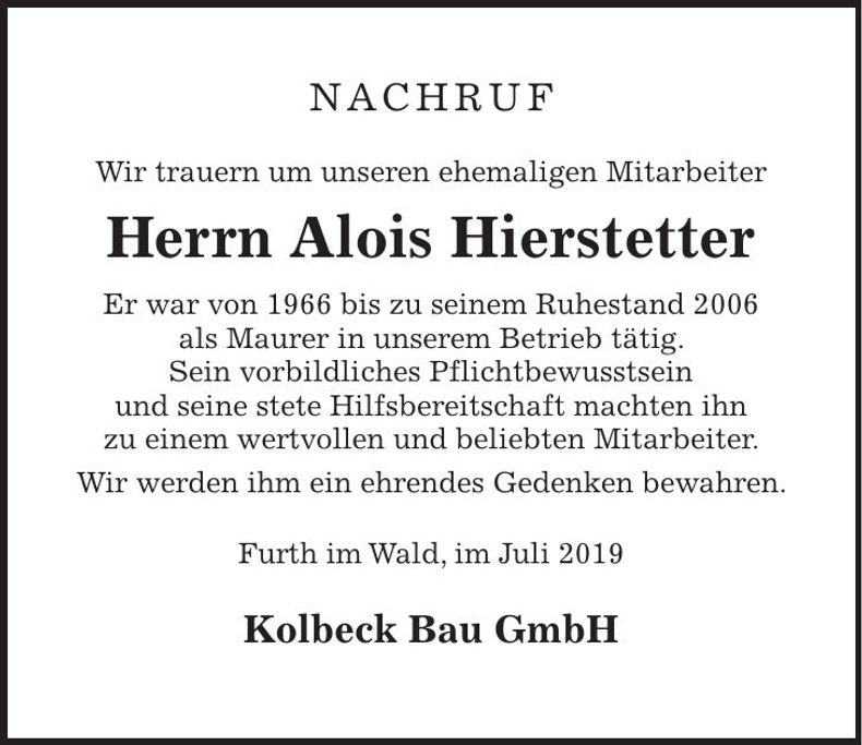 Traueranzeige Alois Hierstetter