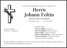 Traueranzeige Johann Foltin