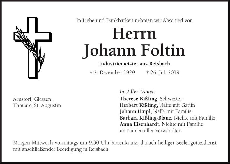 Traueranzeige Johann Foltin