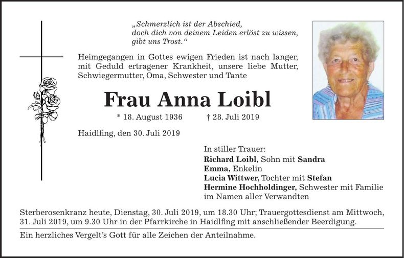 Traueranzeige Anna Loibl