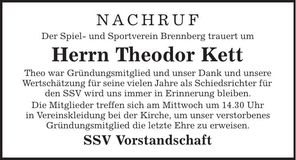 Traueranzeige Theodor Kett