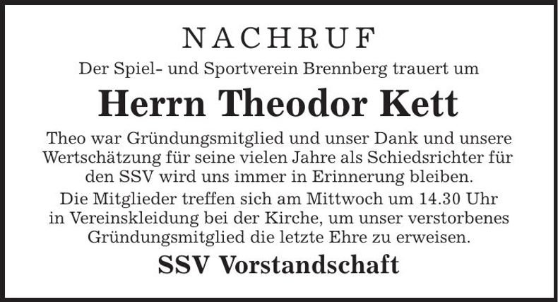 Traueranzeige Theodor Kett