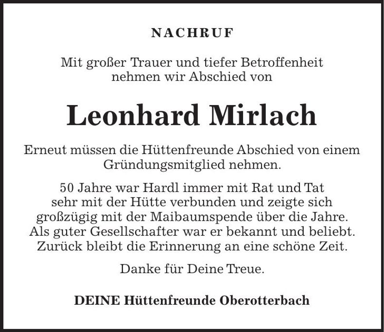 Traueranzeige Leonhard Mirlach