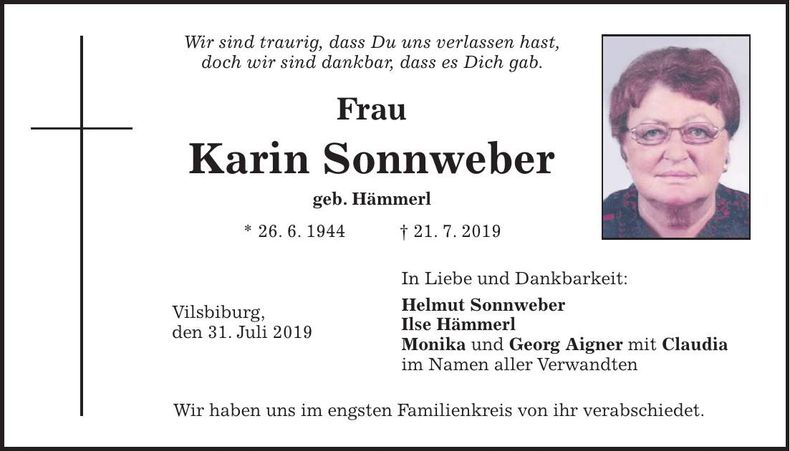 Traueranzeige Karin Sonnweber