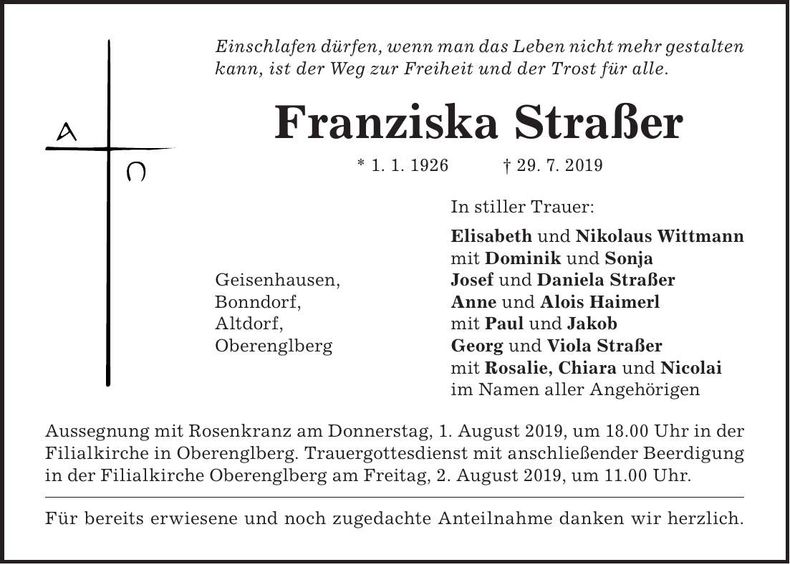 Traueranzeige Franziska Straßer