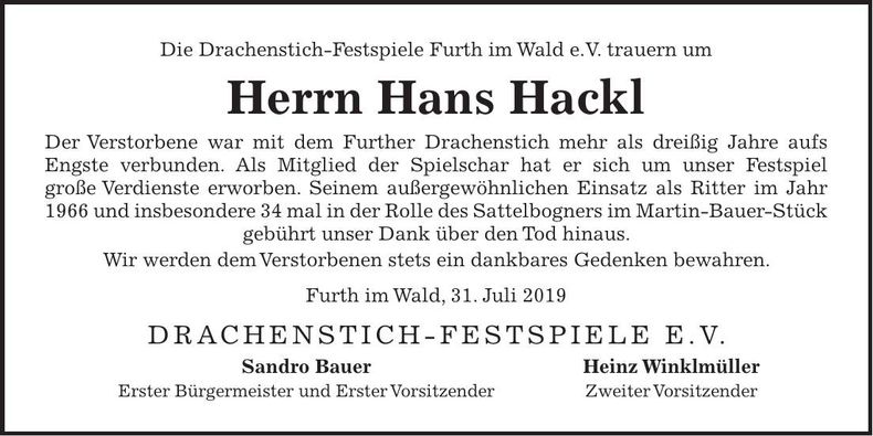 Traueranzeige Hans Hackl