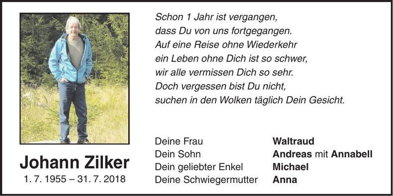 Traueranzeige Johann Zilker