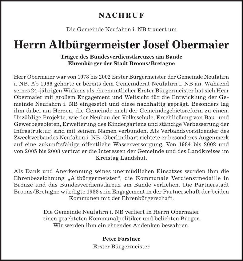 Traueranzeige Josef Obermaier
