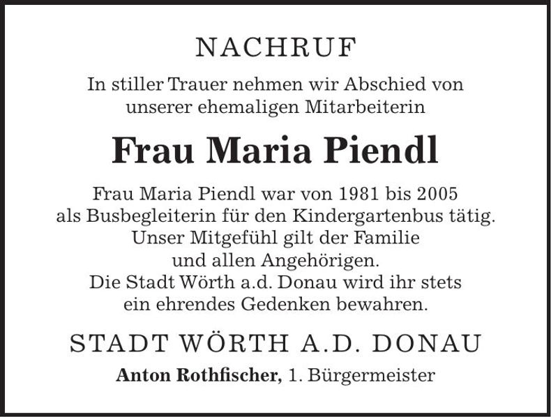 Traueranzeige Maria Piendl