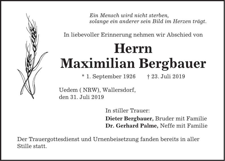 Traueranzeige Maximilian Bergbauer