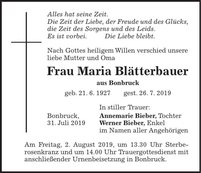 Traueranzeige Maria Blätterbauer